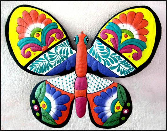 Hand Painted Metal Butterfly Wall Decor - Tropical Garden Decor -18" x 19"